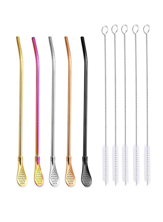 Much Hotter Bombilla Yerba Mate Straws, 5 Pack Reusable Colorful Tea Coffee Cocktail Stainless Steel Straws 8.2 inch Long Spoon Straws，Coffee Stirrer Stick for Iced Tea, Cocktail, with 3 Cleaning Brush - Image 1